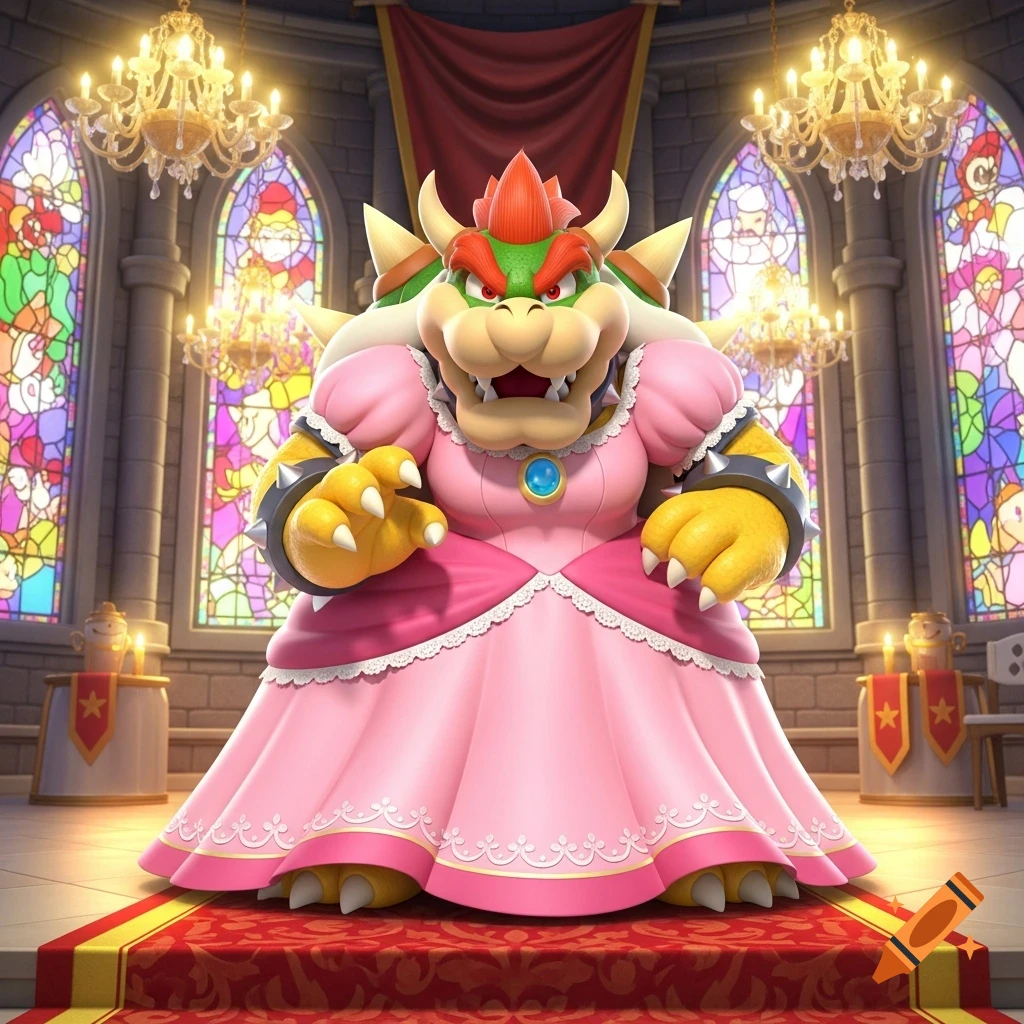 Bowser from Super Mario in a pink gown stands on a red carpet in a grand hall with stained glass windows and chandeliers.