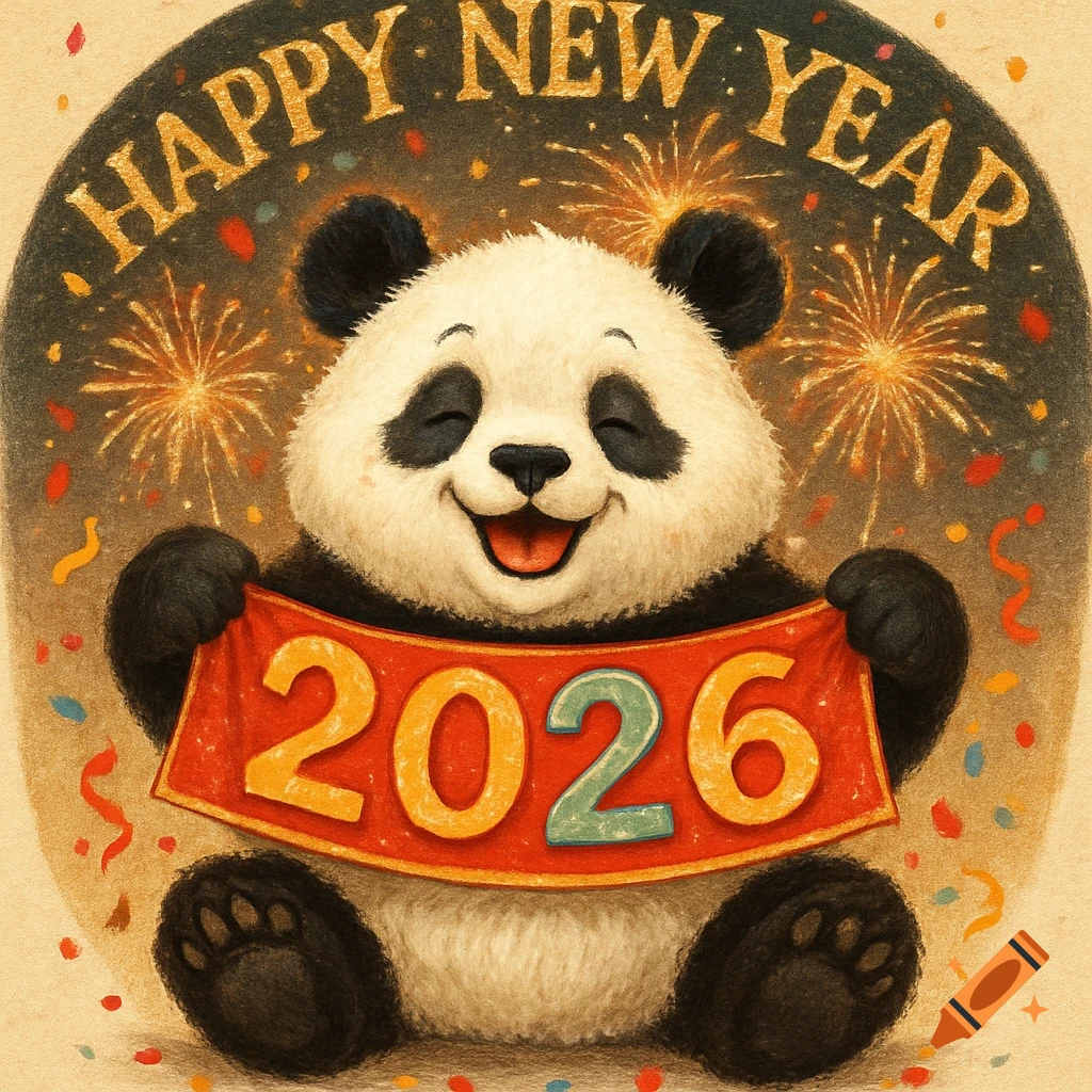 A happy cartoon panda holds a red banner with "2026", while "HAPPY NEW YEAR" text and fireworks burst overhead with confetti.