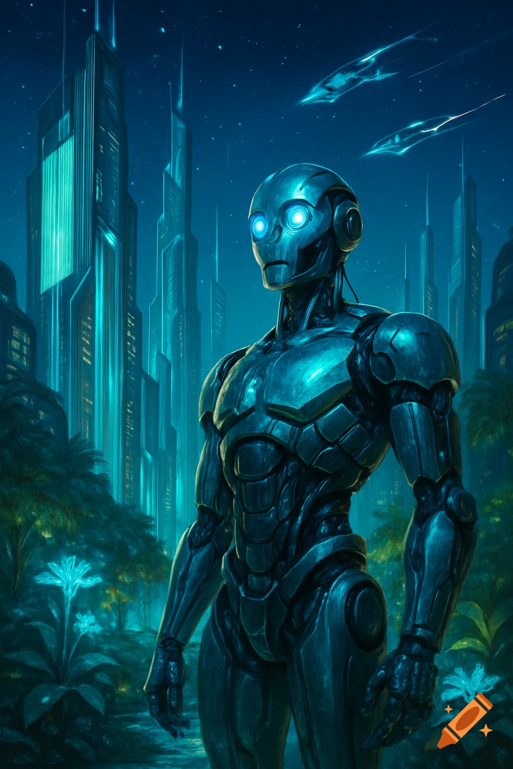 A metallic blue robot with glowing eyes stands in a futuristic city with tall, glowing buildings and tropical plants at night.