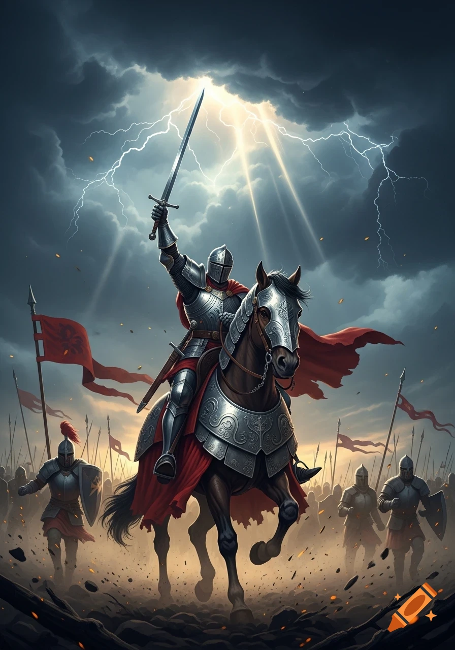 A knight in shining armor on a horse raises a sword under a stormy, lightning-filled sky with an army behind them.