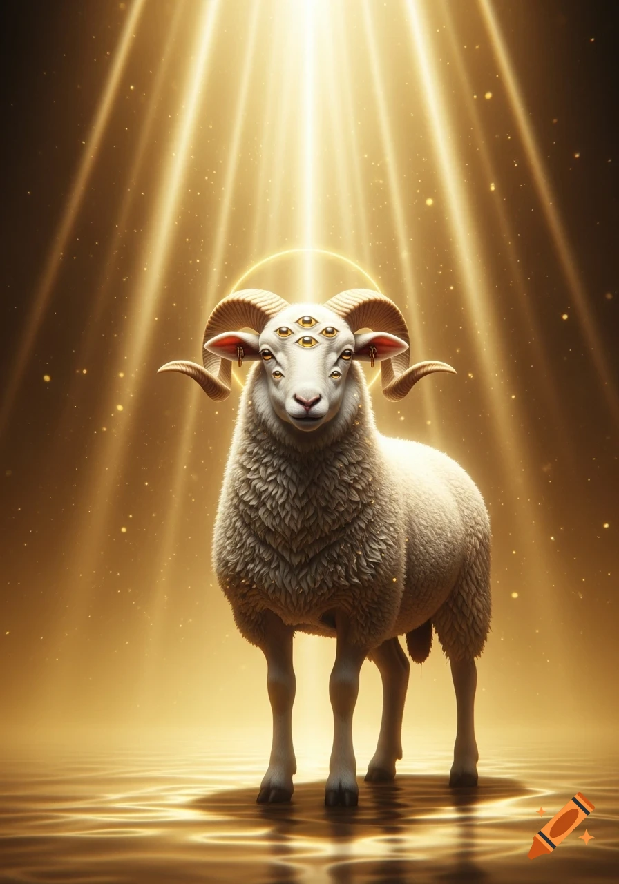 A white lamb with multiple eyes and large horns stands in a golden void under heavenly light.