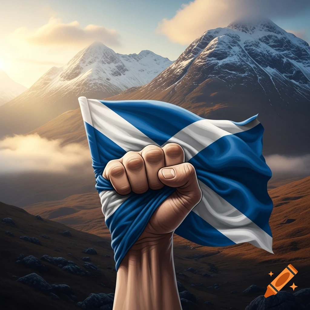 A close-up of a fist clenching a Scottish flag, set against a backdrop of majestic snowy mountains and a cloudy sky.