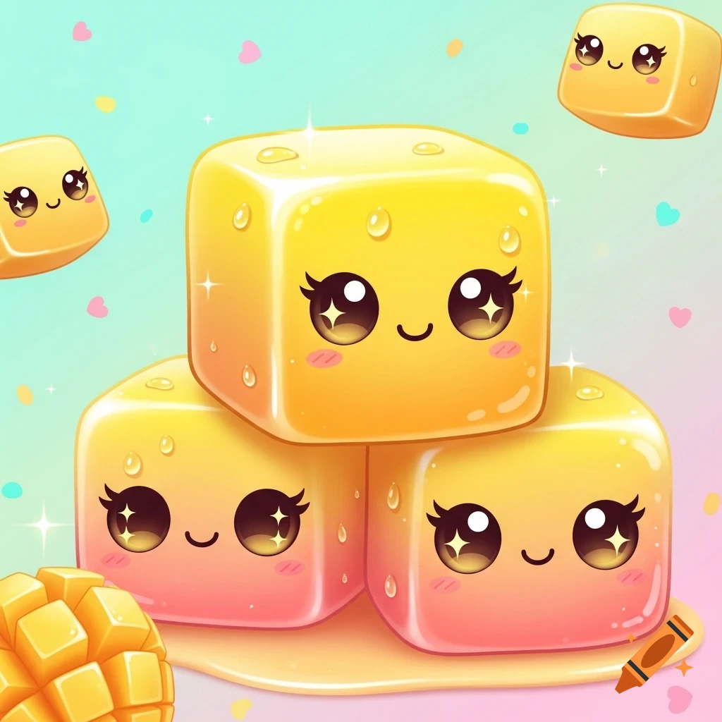 A stack of cute, shiny, yellow and pink mango jelly cubes with sparkling eyes and smiles, on a pastel background.