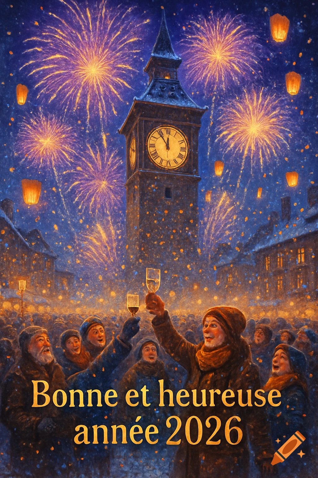 Painterly New Year's Eve celebration with a crowd, fireworks, a clock tower, and 'Bonne et heureuse année 2026' text.