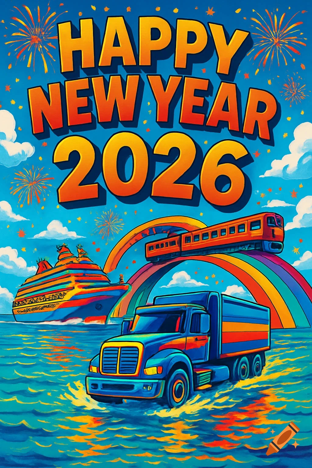 Vibrant pop art 'HAPPY NEW YEAR 2026' with fireworks, a colorful cruise ship, train on a rainbow, and a truck on water.