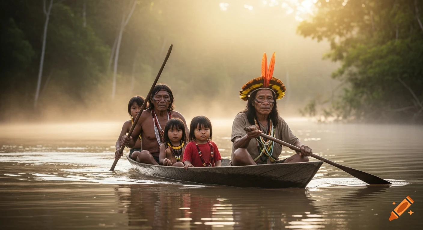 An Amazonian family, including two adults and two children, paddles a wooden canoe through a misty river at dawn with jungle in the background.
