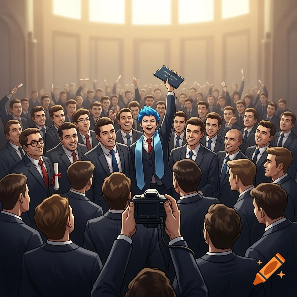 A cartoon-style illustration of a diverse group of men in suits surrounding a central figure with blue hair and a blue sash, who is enthusiastically holding up a diploma at a graduation ceremony in a bright hall, with a person in the foreground taking a photo.