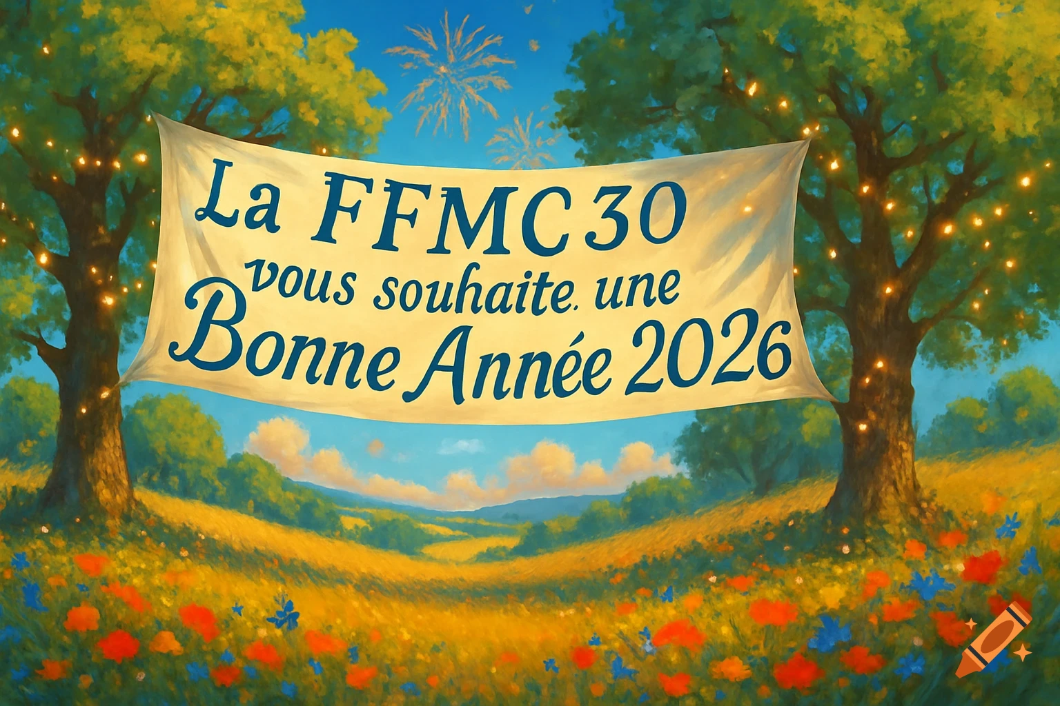 A banner in a vibrant, painterly landscape with trees, flowers, and fireworks reads 'La FFMC30 vous souhaite une Bonne Année 2026'.
