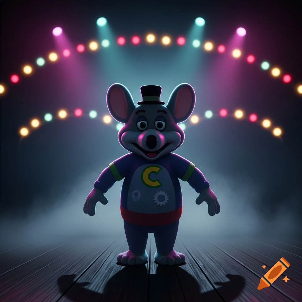 Chuck E. Cheese animatronic on a stage with colorful spotlights.