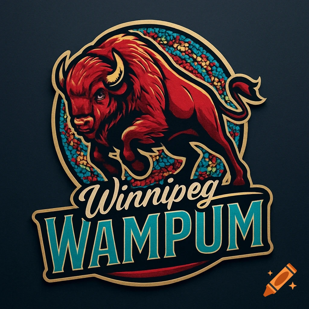 A stylized logo featuring a charging red bison or bull with gold horns and outline, set against a background of colorful, mosaic-like patterns. Below the bison, the text "Winnipeg WAMPUM" is displayed in a two-tiered, gold-outlined font.