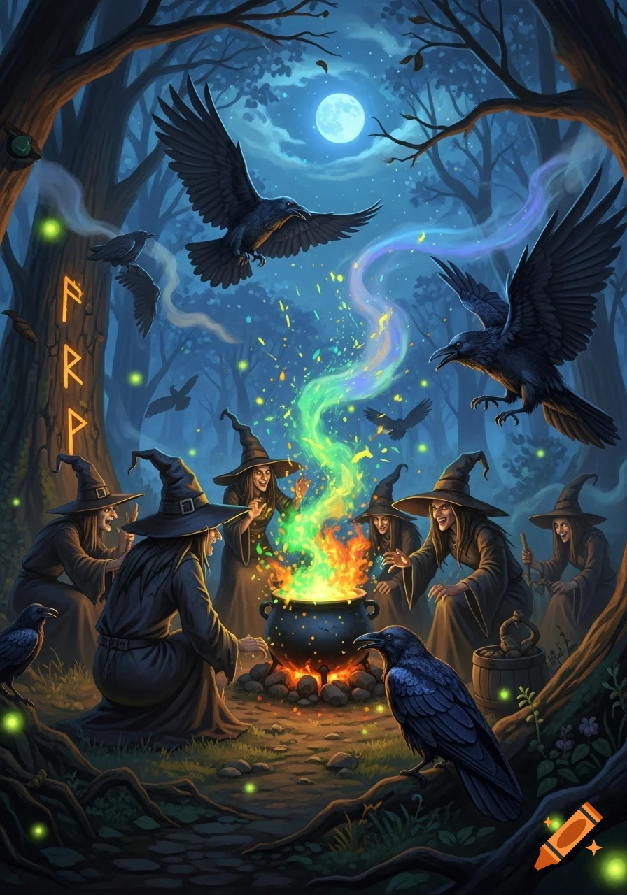 Witches perform a ritual around a glowing cauldron in a dark forest at night, with ravens flying and perched around them.