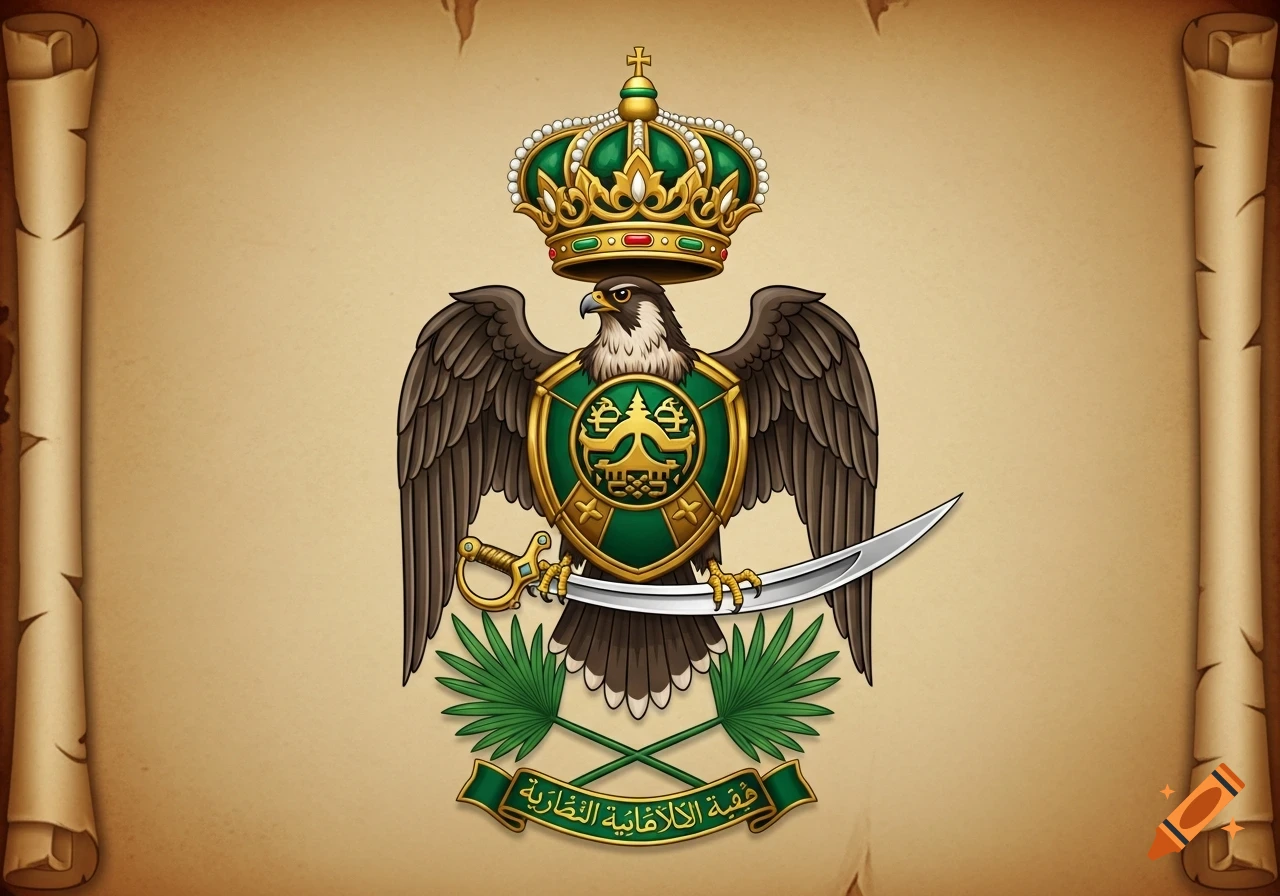 A stylized Arabian royal coat of arms featuring a crowned eagle, shield, sword, and Arabic text on a banner, on an aged scroll background.