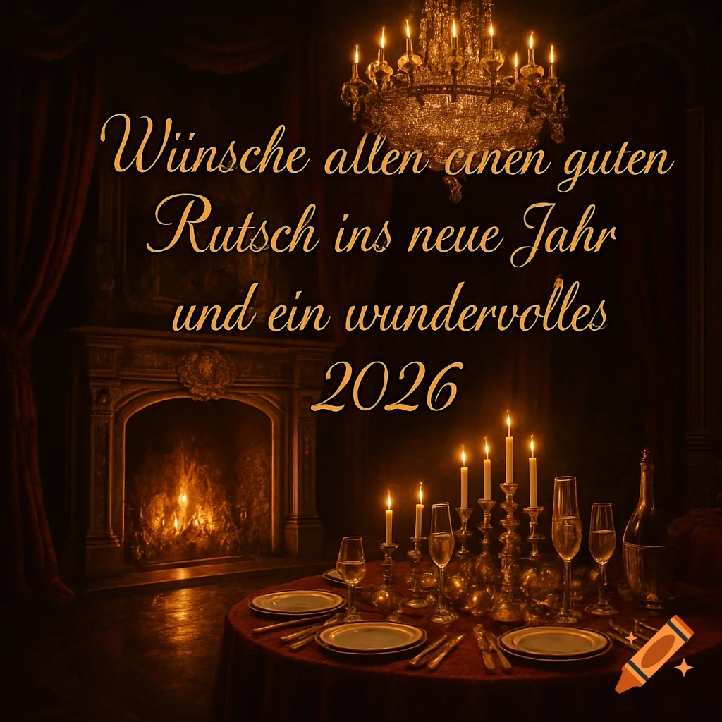 An elegant, candlelit New Year's Eve scene with a dining table, fireplace, and chandelier. German text reads 'Wünsche allen einen guten Rutsch ins neue Jahr und ein wundervolles 2026'.