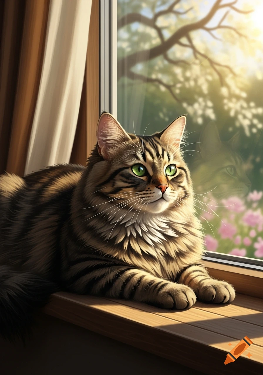 A fluffy tabby cat with vibrant green eyes rests on a sunny wooden windowsill, looking out at a bright outdoor scene.