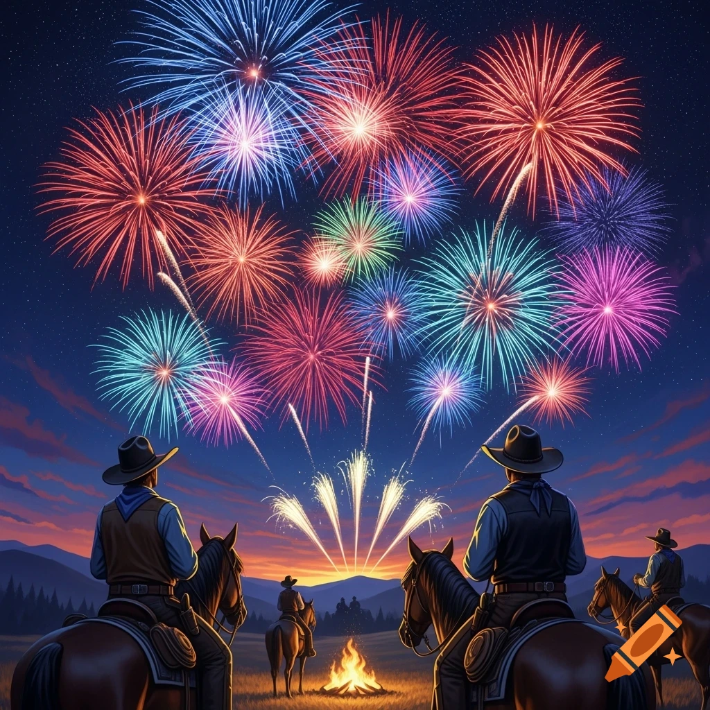 Cowboys on horseback watch colorful fireworks illuminate a night sky above a Western landscape with a campfire. Digital painting.