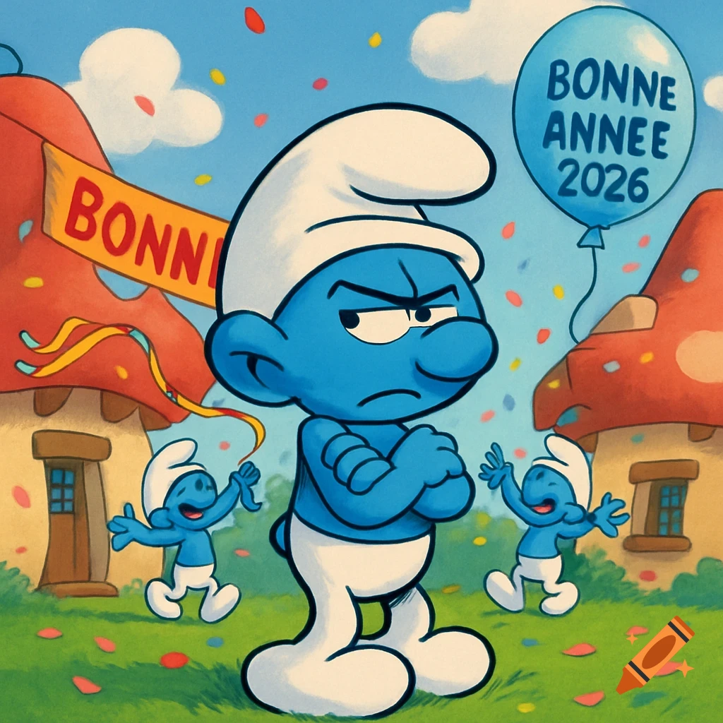 A grumpy blue Smurf with crossed arms stands front and center, surrounded by two smaller happy Smurfs. Confetti falls around them, with a banner that reads "BONNI" on a mushroom house and a balloon with "BONNE ANNEE 2026" against a blue sky.
