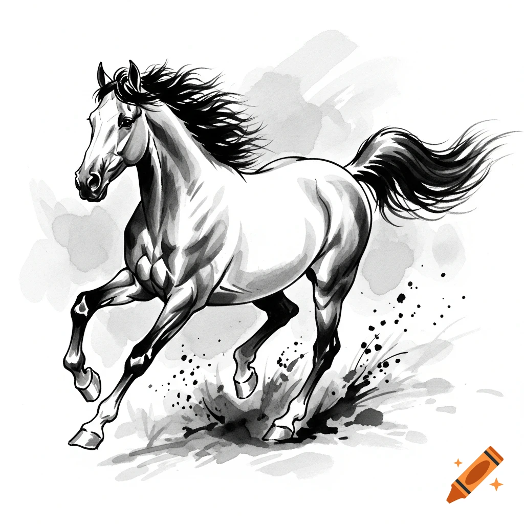 A dynamic black and white ink painting of a horse galloping, with its mane and tail flowing and ink splatters around its hooves.