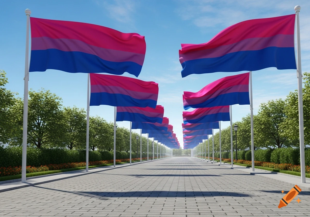 A long paved avenue lined with numerous bisexual pride flags waving on poles under a clear blue sky, with trees and hedges.