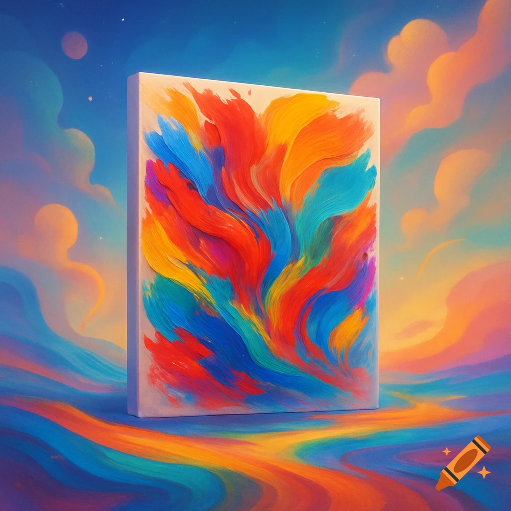 A vibrant abstract painting on a canvas standing in a colorful dreamscape with swirling clouds and ground.