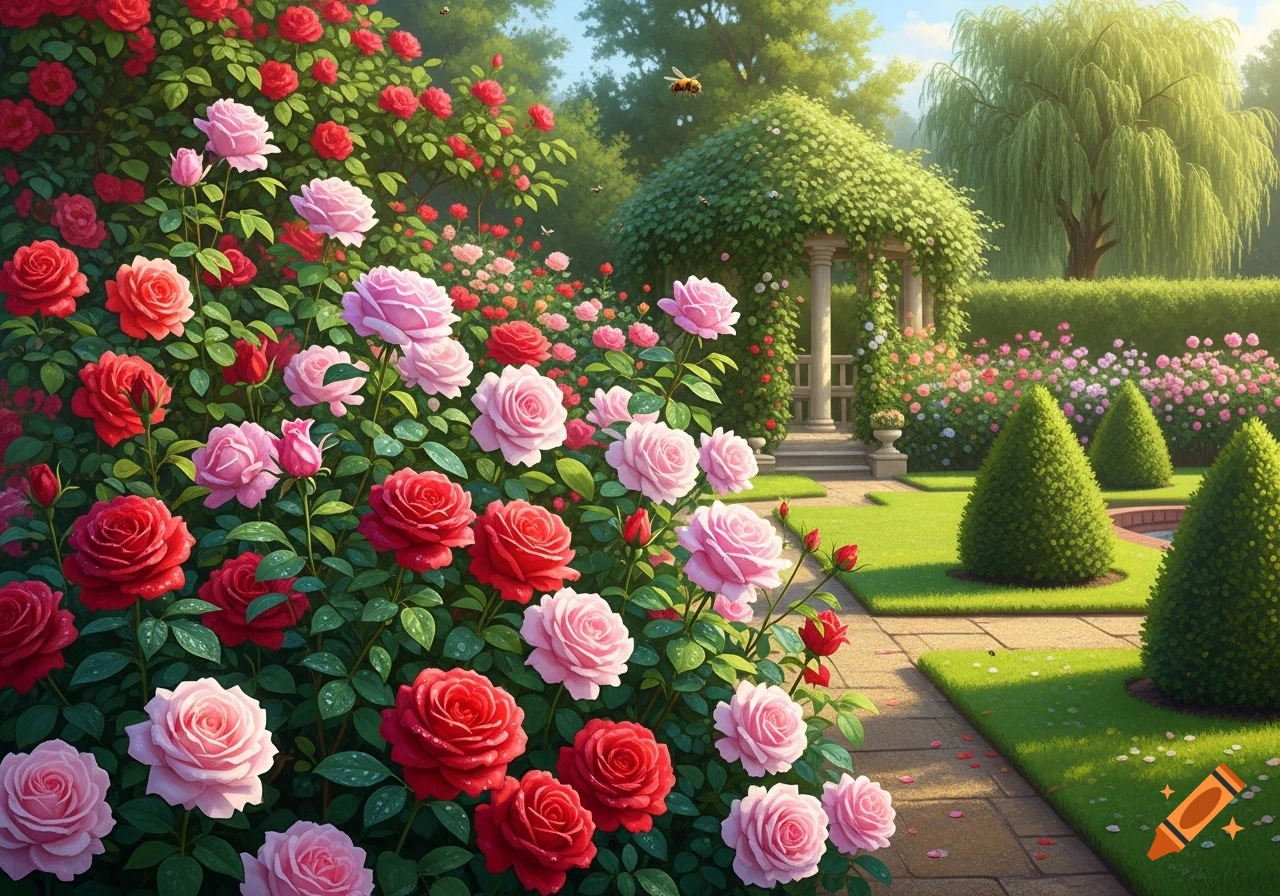 A vibrant English summer garden with abundant red and pink roses blooming in the foreground, leading to a leafy gazebo and green lawn.