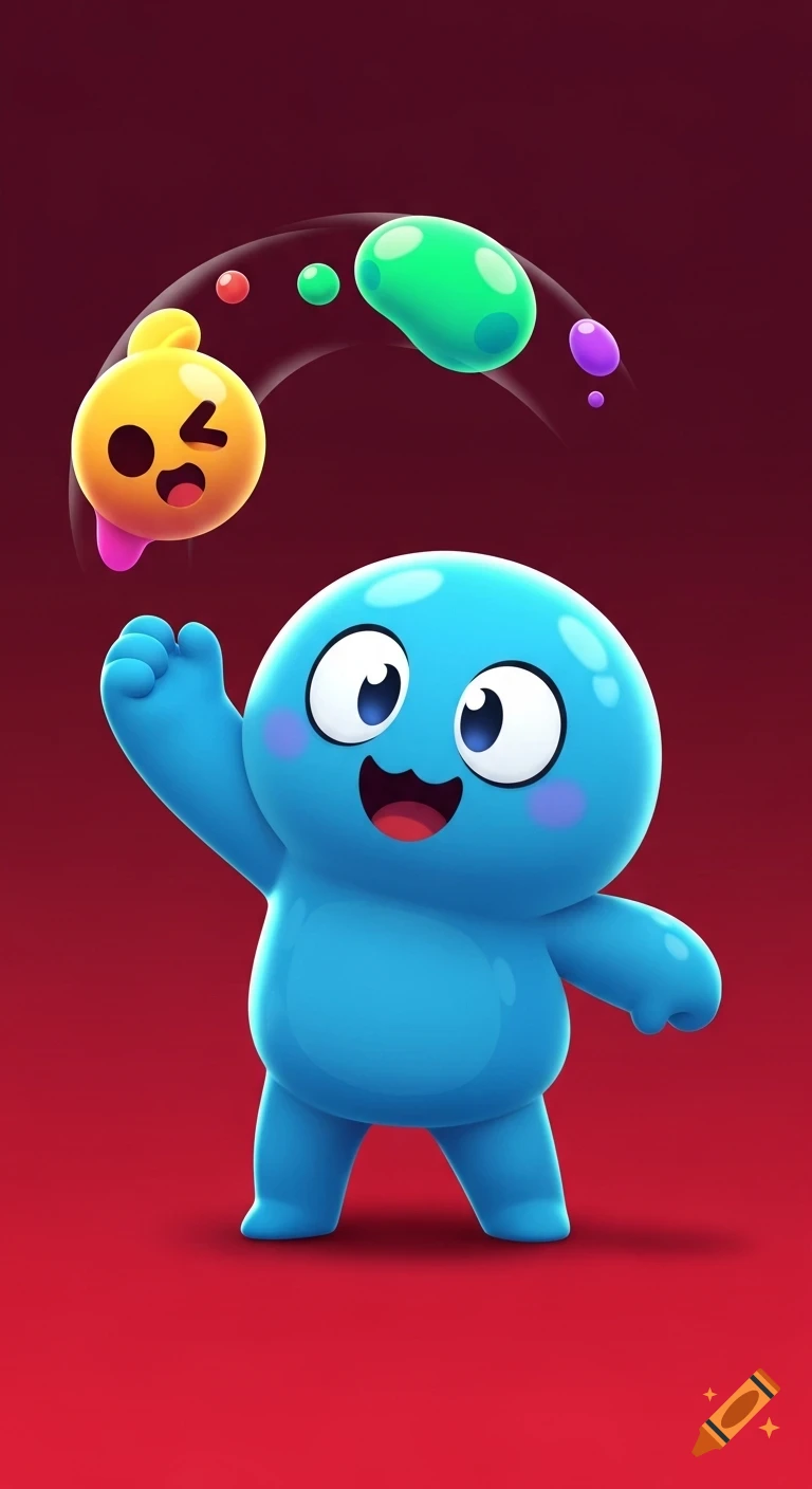 A cheerful, round blue character with large eyes and pink blush waves, while a winking yellow blob and colorful smaller blobs arch above it on a red background in a playful cartoon style.