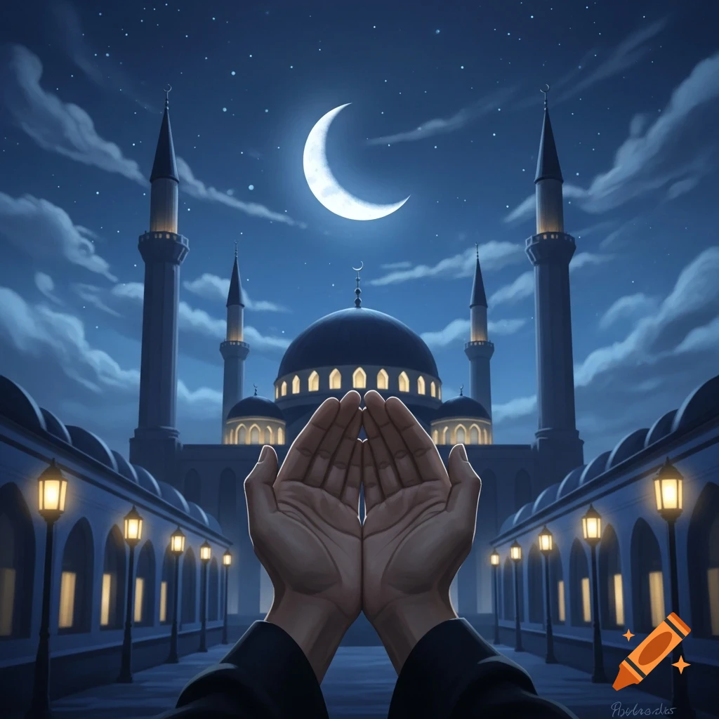 Illustrative view of cupped hands praying in front of a mosque under a crescent moon and starry night sky.