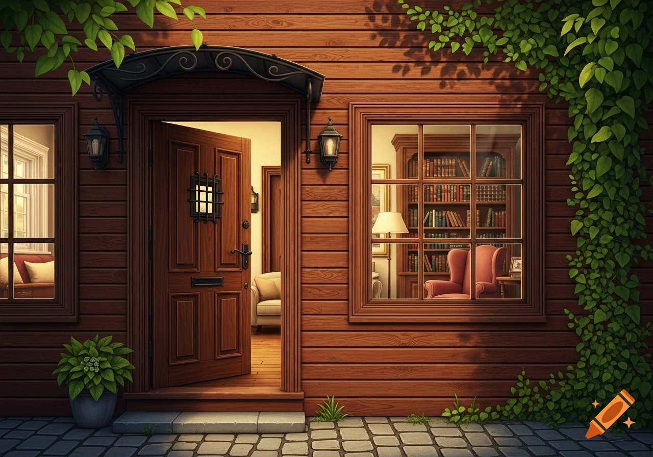A charming wooden house exterior with a partially open front door and a window revealing a cozy library inside. Green vines grow on the walls.
