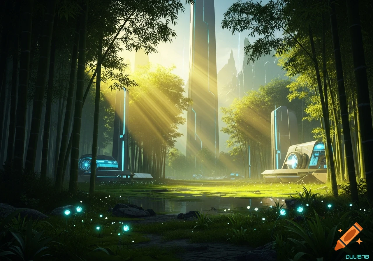 Vibrant solarpunk landscape with futuristic structures in a lush bamboo forest at dawn, sun rays illuminate glowing plants and a swamp.