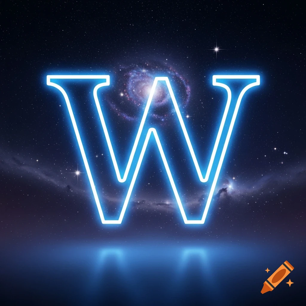 A glowing neon blue letter W stands against a dark galaxy background with stars and a spiral nebula, reflected on a dark surface.