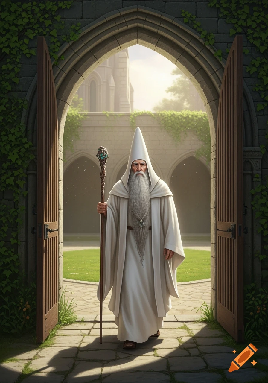 A white-robed wizard with a long beard and pointed hat stands in a stone archway, holding a staff, looking out into a sunny courtyard.