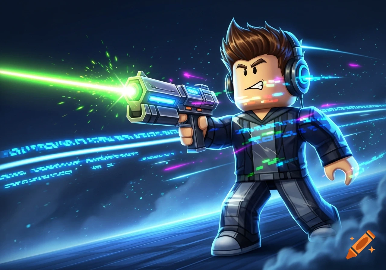 Roblox-style character shooting a green laser from a futuristic gun with digital glitch effects.