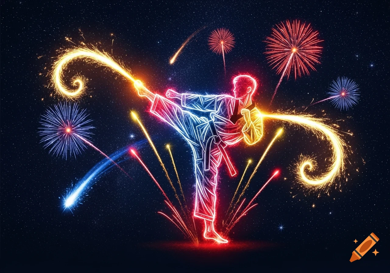 Neon-outlined taekwondo figure performing a high kick, surrounded by colorful fireworks and light trails against a dark, starry sky.