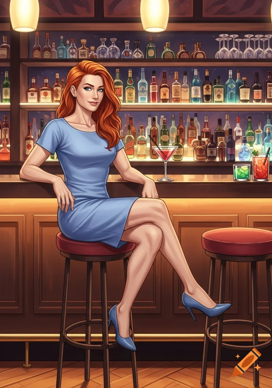 A smiling, redheaded woman in a blue dress and high heels sits on a bar stool at a well-stocked bar counter, depicted in an illustrated style.