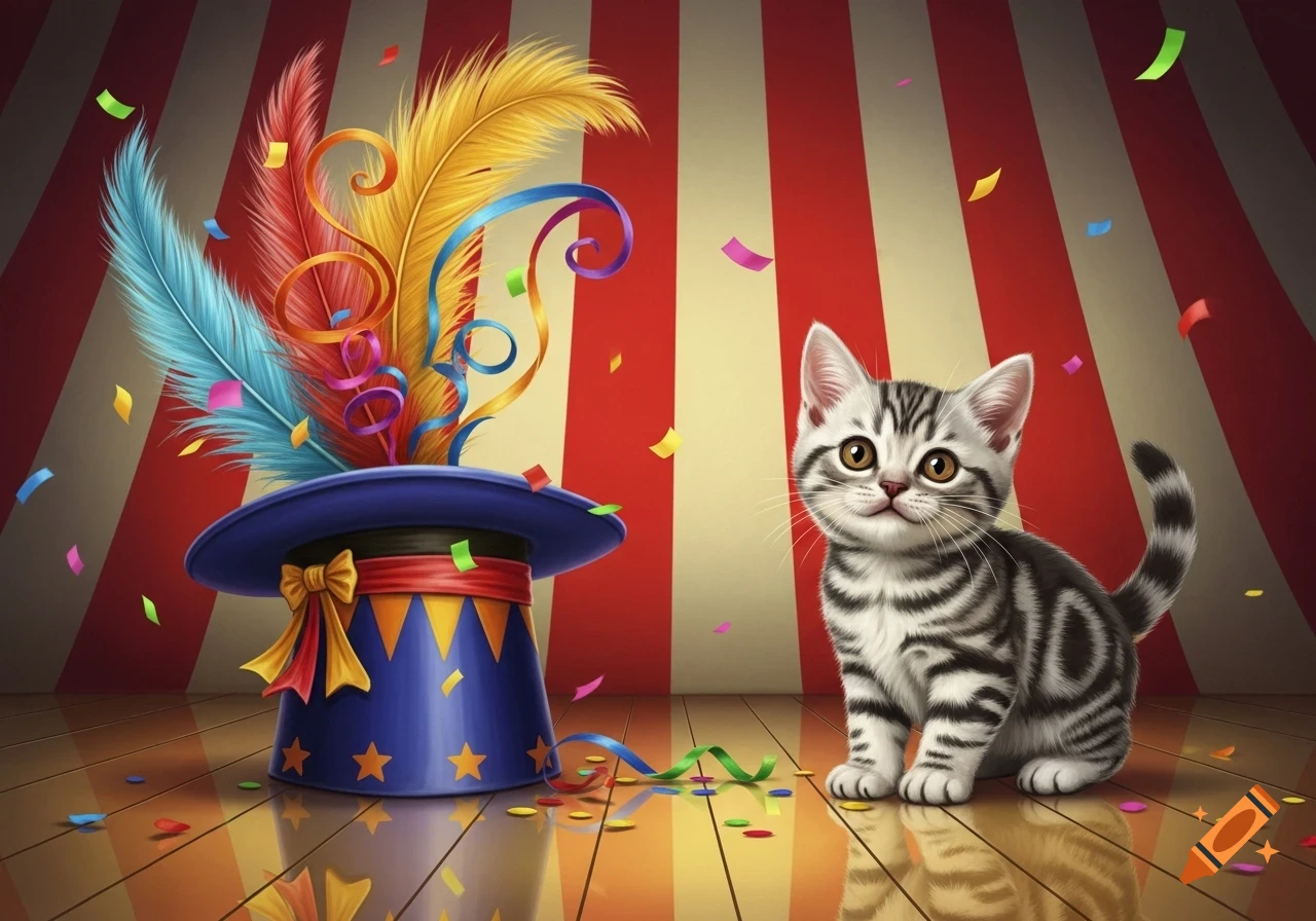 A cute tabby kitten sits next to a colorful magician's hat with feathers and ribbons on a reflective wooden floor with confetti, against a circus tent background.