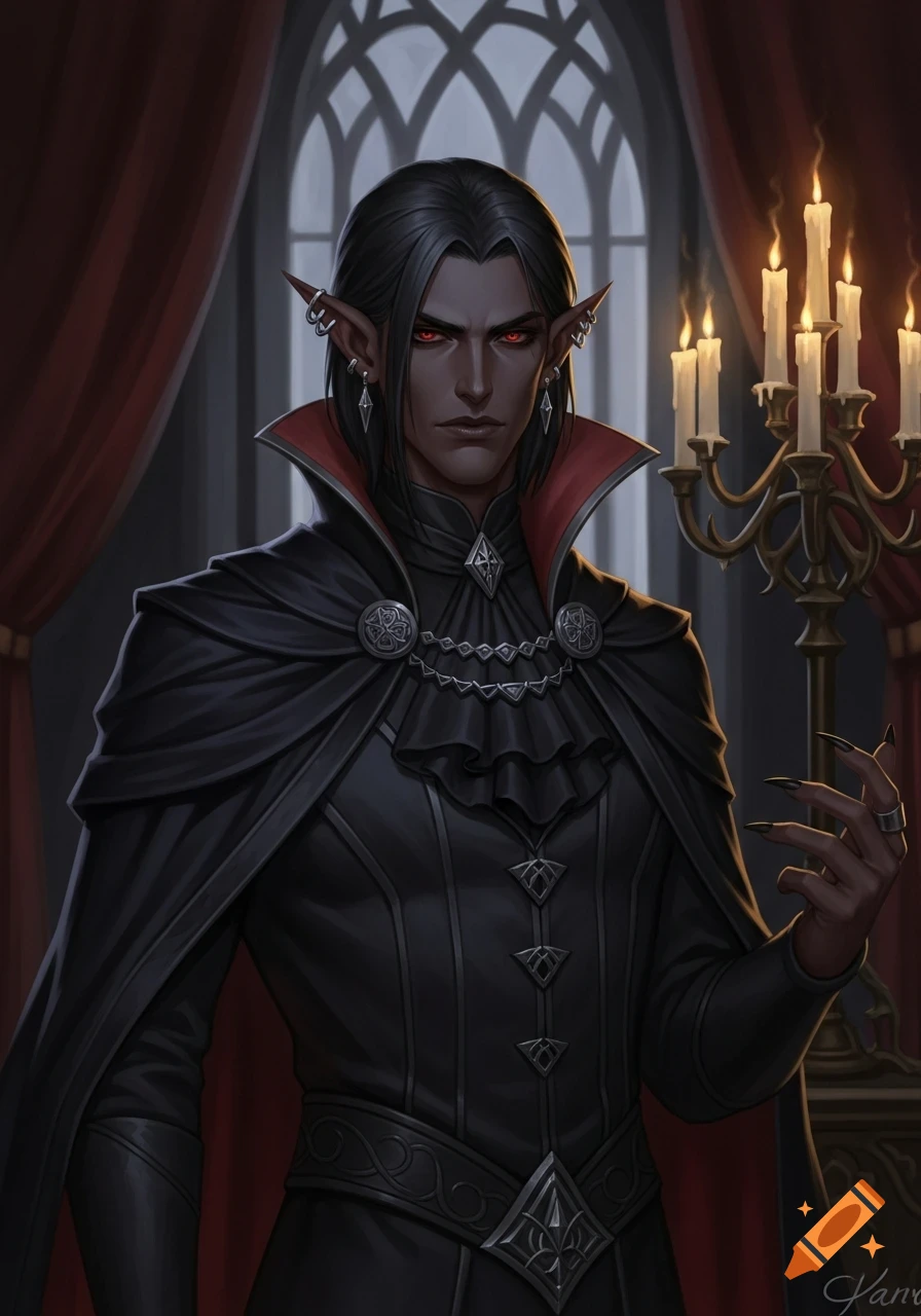 A dark-skinned male vampire with red eyes, pointed ears, and long black hair, wearing dark gothic attire, stands in a dim, ornate room next to a lit candelabra.