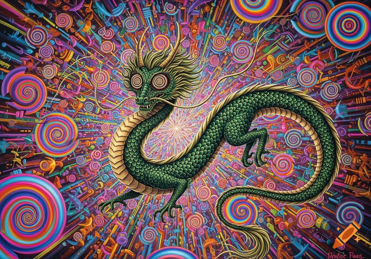 A vibrant green dragon with spiral eyes flies amidst a chaotic, colorful background filled with swirling patterns and abstract shapes.