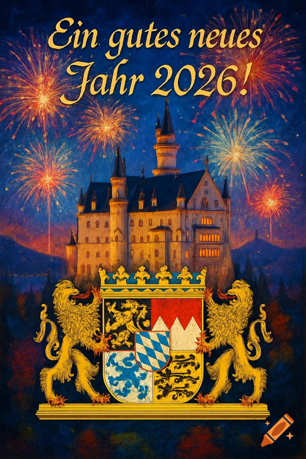 Neuschwanstein Castle at night with fireworks, a Bavarian coat of arms, and 'Ein gutes neues Jahr 2026!' text, in a painterly style.