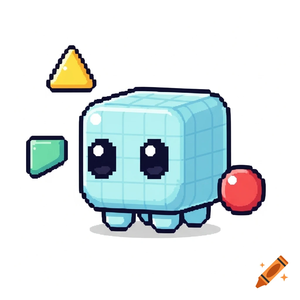 16-bit pixel art of a cute light blue block-like creature with large black eyes, floating alongside a yellow triangle, green shape, and red circle on a white background.