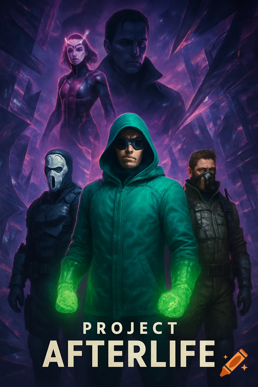 A dark, cinematic sci-fi superhero poster. Five characters, including a central figure in a green hoodie with glowing hands and others with masks, stand against a purple, fractured, surreal background.