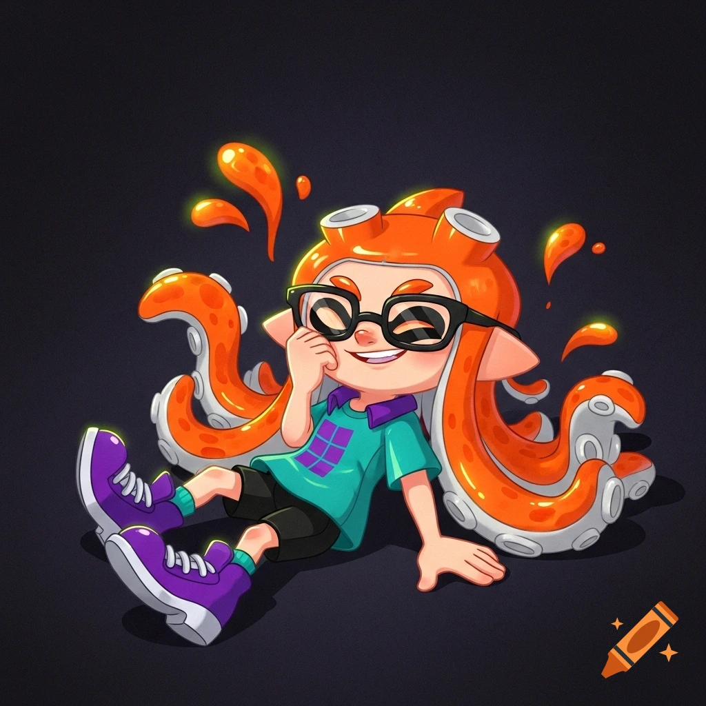 A happy orange Splatoon Octoling character with black glasses, a teal shirt, and purple shoes sits on a dark background in 2D cartoon style.