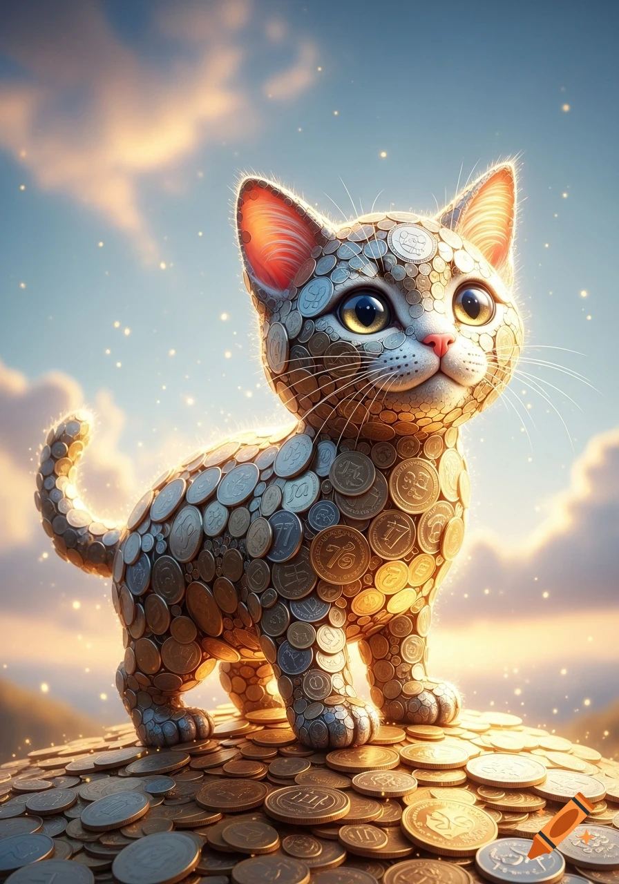 A surreal kitten creature covered in gold and silver coins stands on a pile of coins under a bright, cloudy sky.