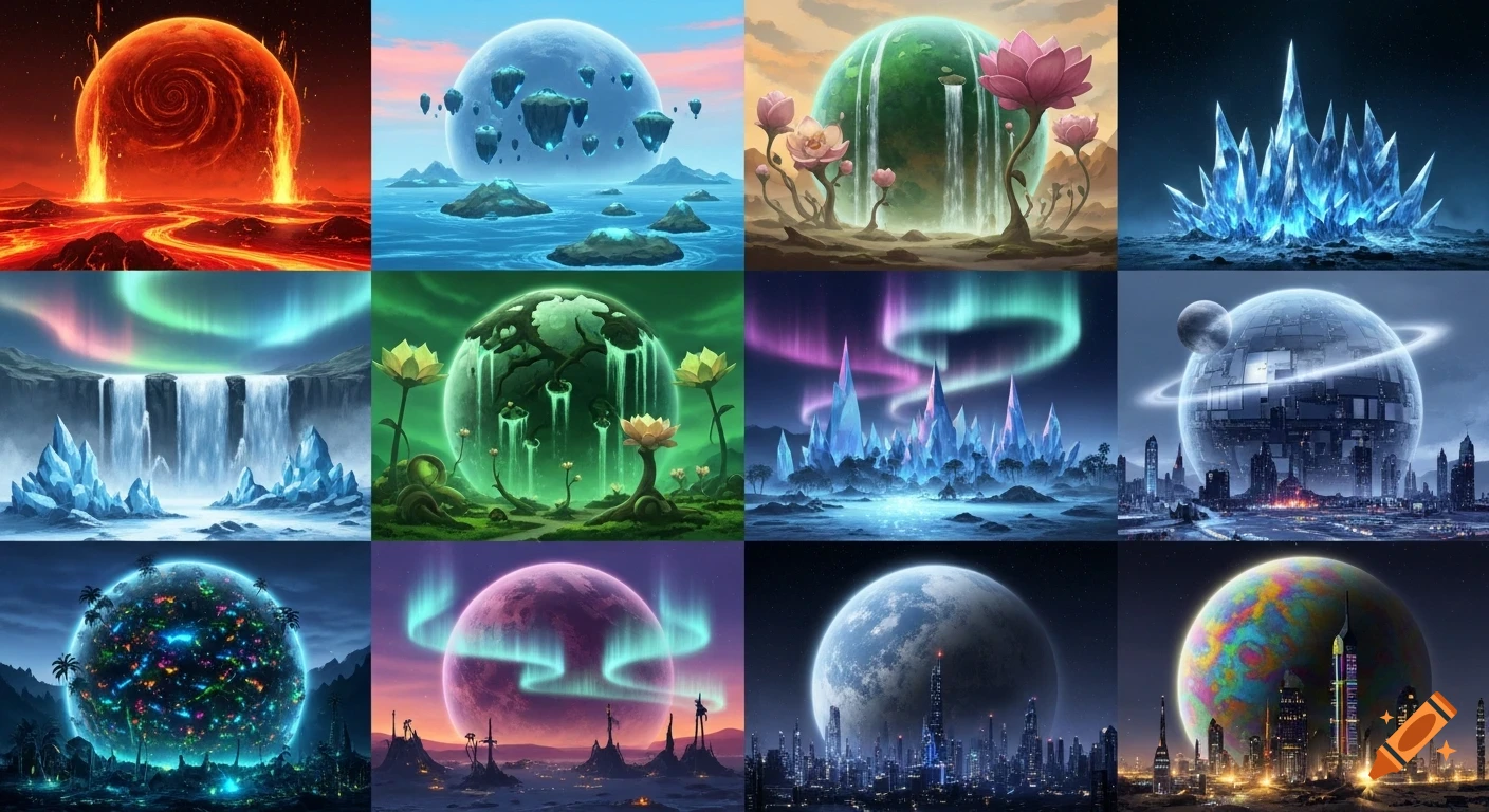 Twelve distinct fantastical planets and alien landscapes in a grid, featuring fiery, water, green, crystal, and futuristic city scenes.