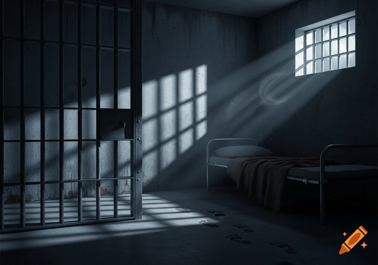 A dark, empty jail cell with a barred window letting in a beam of light onto a bed and concrete floor with footprints.