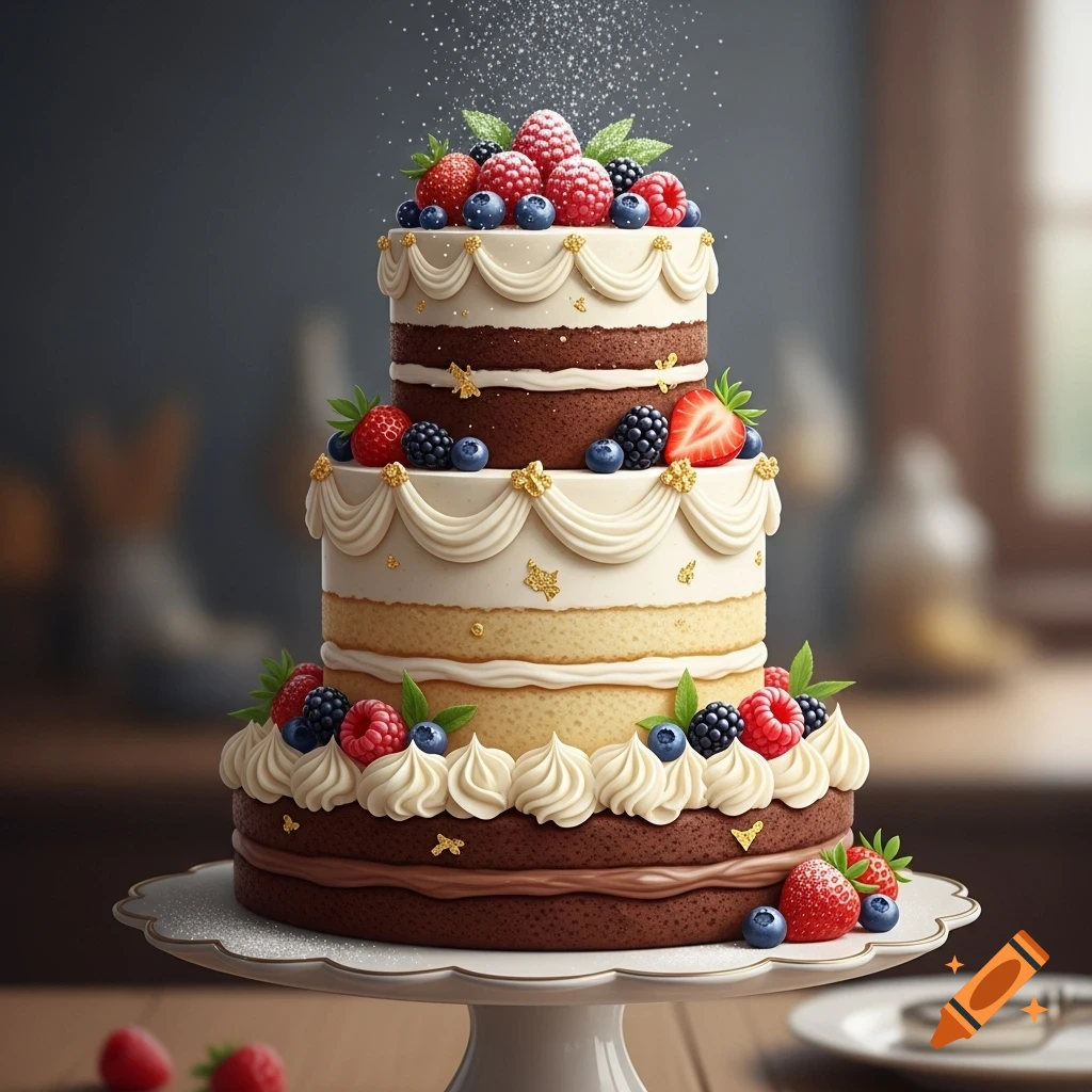 A photorealistic three-tier cake decorated with white and chocolate frosting, various berries, and gold flecks, on a white cake stand.