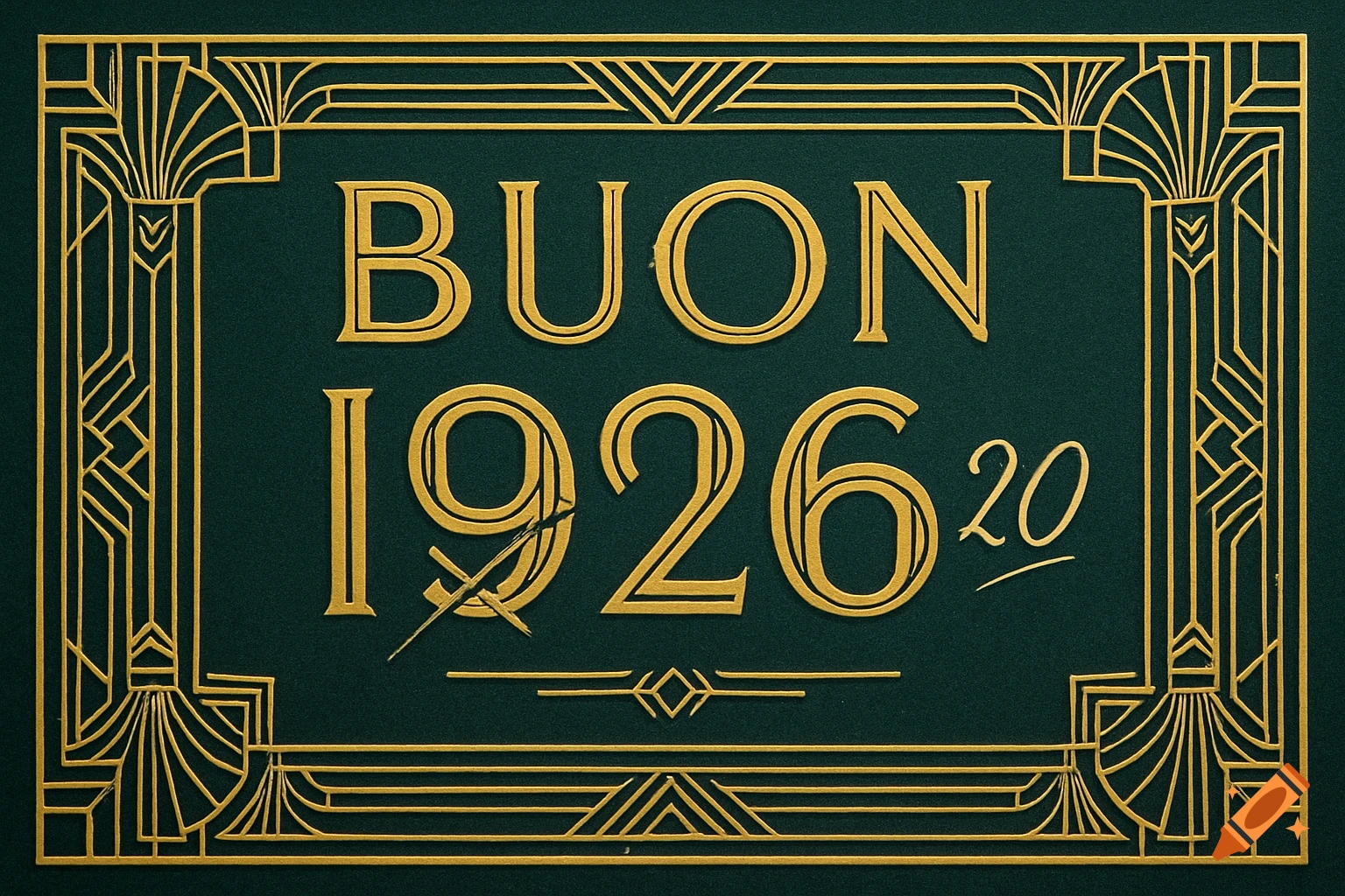 Art Deco style greeting card with gold typography "BUON 1926", an X over "19", and "20" handwritten on a dark green background.