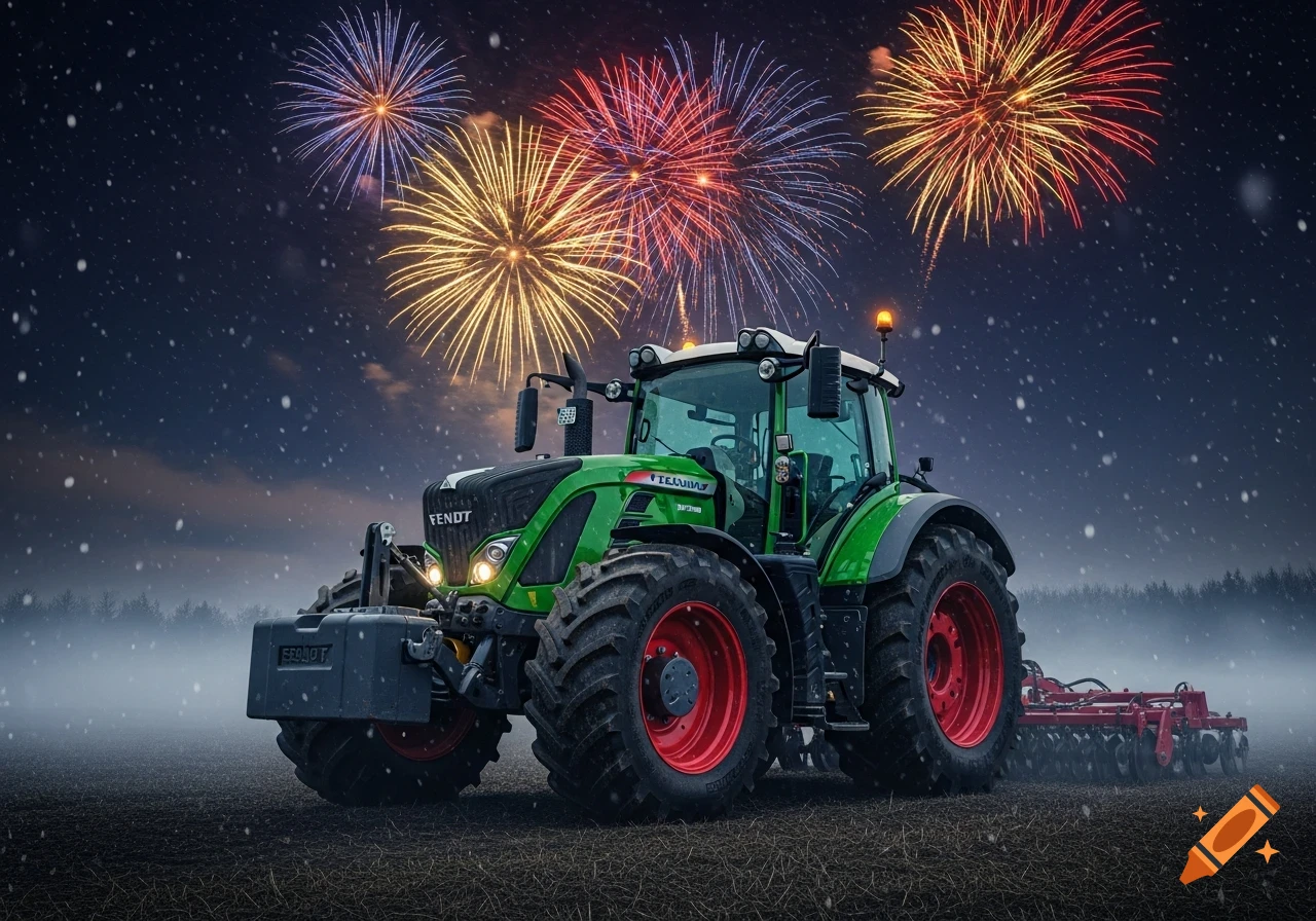 A green Fendt tractor in a snowy field at night, with colorful fireworks exploding in the dark sky.
