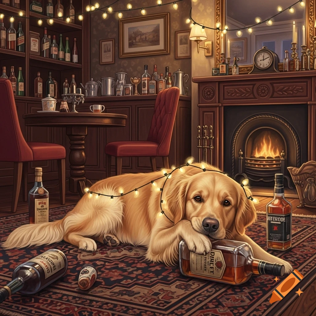 A golden retriever lies on a rug, tangled in string lights, with several alcohol bottles around it in a cozy room with a fireplace.
