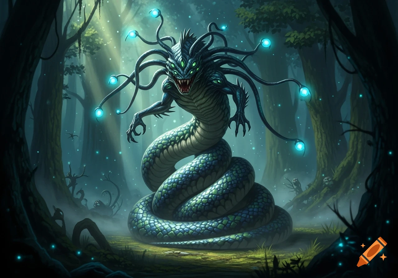 A monstrous, multieyed snake-like creature with glowing tentacles and human-like arms in a dark, misty forest, digital art.