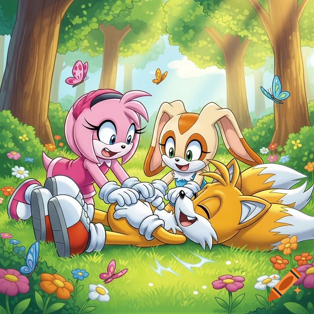 Amy Rose and Cream the Rabbit tickle a laughing Tails Prower in a vibrant, sunny forest with flowers and butterflies, cartoon style.