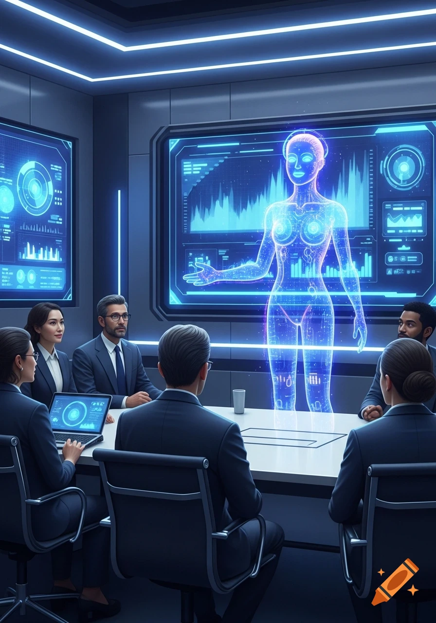 Business professionals in a futuristic boardroom observing a glowing blue holographic human anatomy model with data displays.